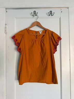 J. Crew Orange Cotton Short-Sleeve Blouse with Pink Eyelet Trim